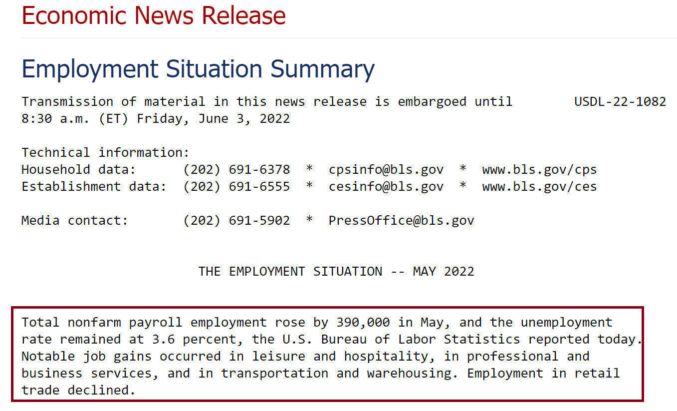 美國的勞工統計局(U.S. Bureau of Labor Statistics)的2022年5月的就業報告(Employment Situation)摘要
